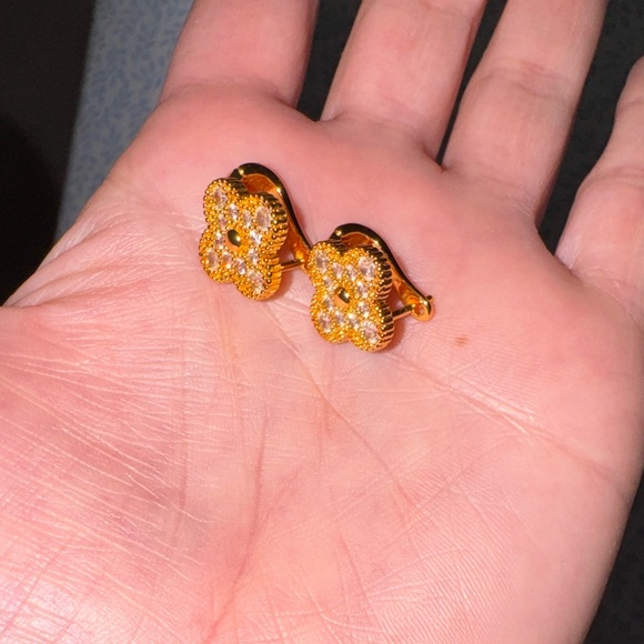 Gold Crystal Clover Stud Earrings - Women's Jewelry - Picture 2 of 3